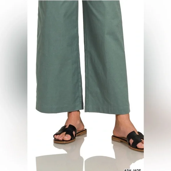 NWT Zenana Woven Stretchy Knot Tie Green Overalls - Picture 5 of 6